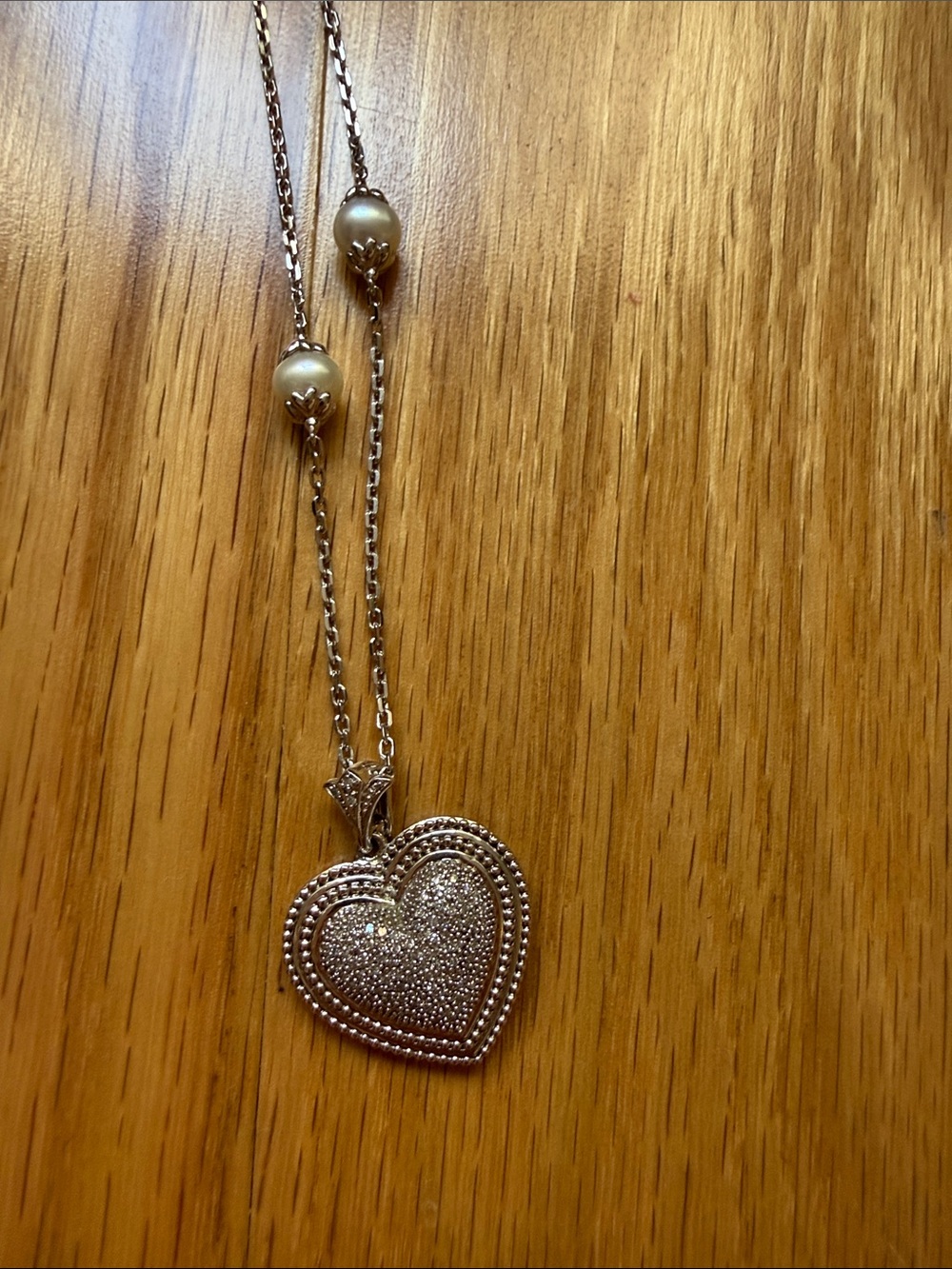 Silver Heart Pendant Necklace with Pearl Accents